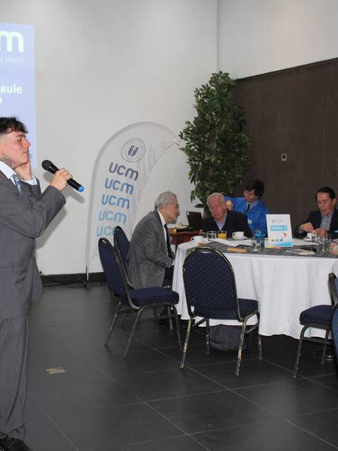 Una persona está dando una presentación mientras un grupo de personas la escucha en una sala de reuniones.