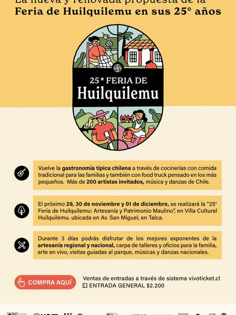La imagen promociona la 25ª Feria de Huilquilemu, destacando su gastronomía típica y actividades familiares.