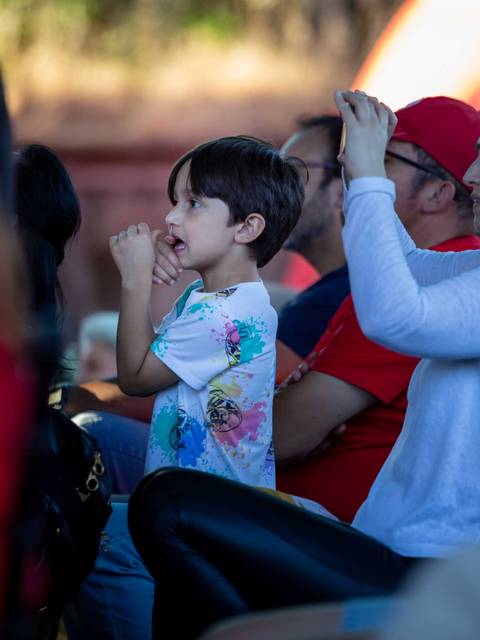 Un grupo de personas observando un evento al aire libre, con un niño pequeño en primer plano.