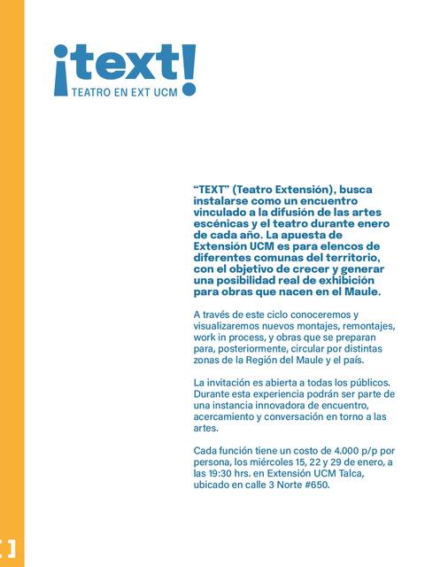 La imagen presenta un anuncio sobre un encuentro de teatro y artes escénicas organizado por la Universidad Católica del Maule.