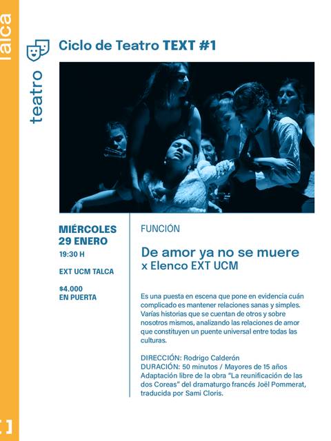 Cartel de una función teatral titulada 'De amor ya no se muere' que se llevará a cabo en Talca.