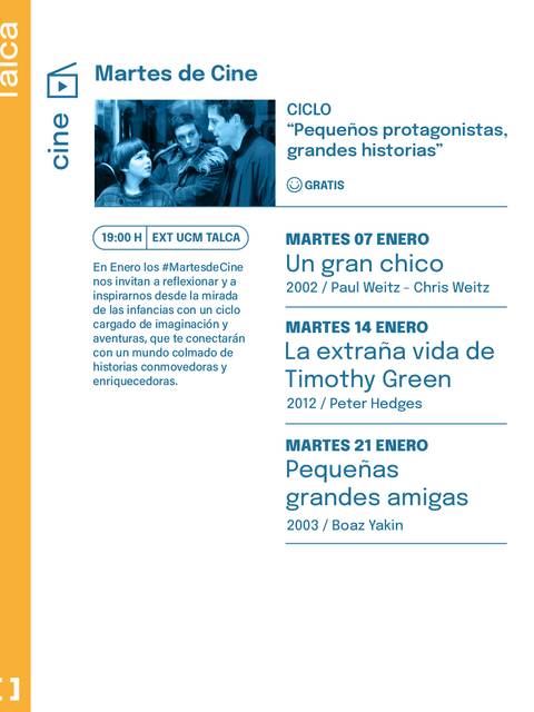 Cartel informativo sobre el ciclo de cine 'Pequeños protagonistas, grandes historias' en Talca.