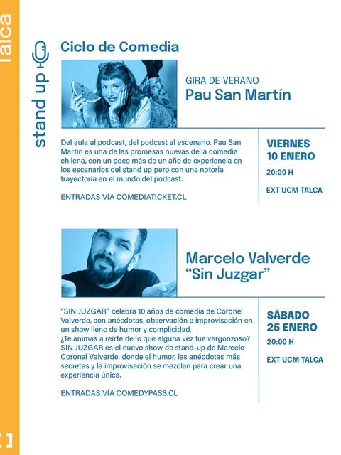 Cartel promocional de un ciclo de comedia que destaca dos eventos en Talca.