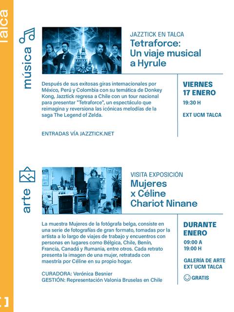 Cartel que anuncia un evento musical y una exposición de fotografía en Talca.