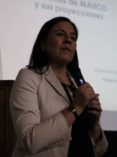 Una mujer habla en una presentación en un auditorio.