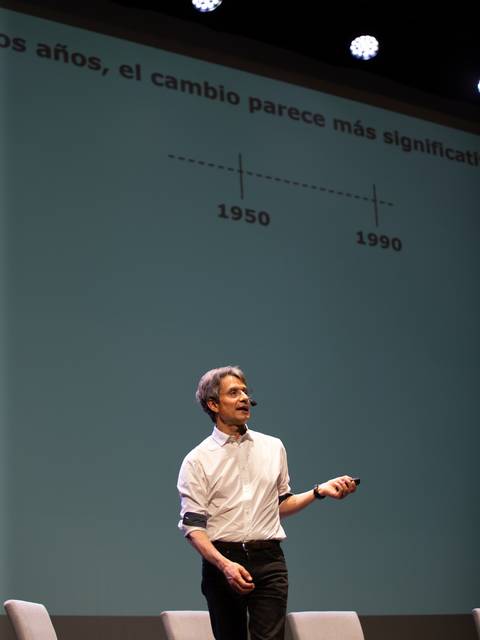 Un ponente presenta un gráfico durante una charla sobre cambios a lo largo de los años.
