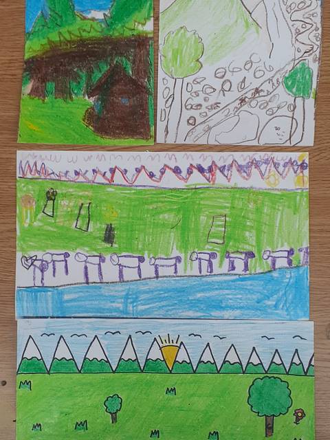 Dibujos coloridos que muestran paisajes y un parque con columpios.