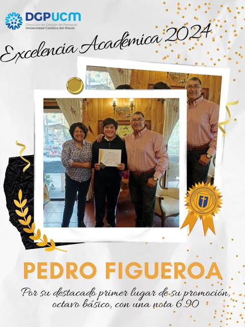 Celebración del notable logro académico de Pedro Figueroa al obtener el primer lugar en octavo básico.