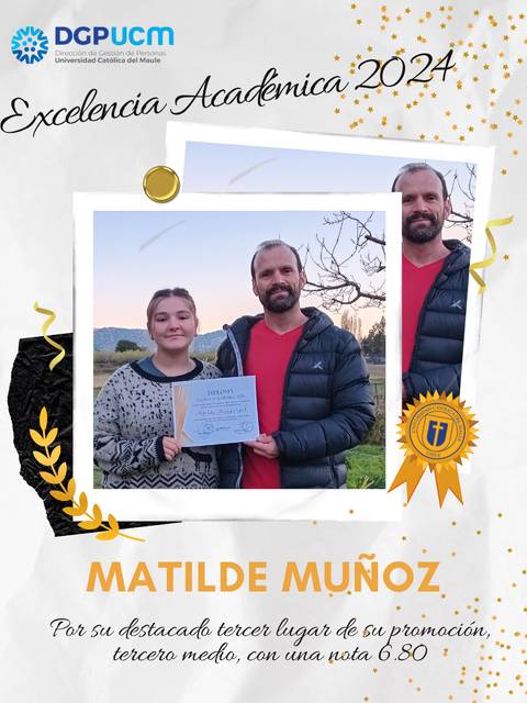 Matilde Muñoz celebra su excelencia académica junto a un acompañante en un entorno natural.