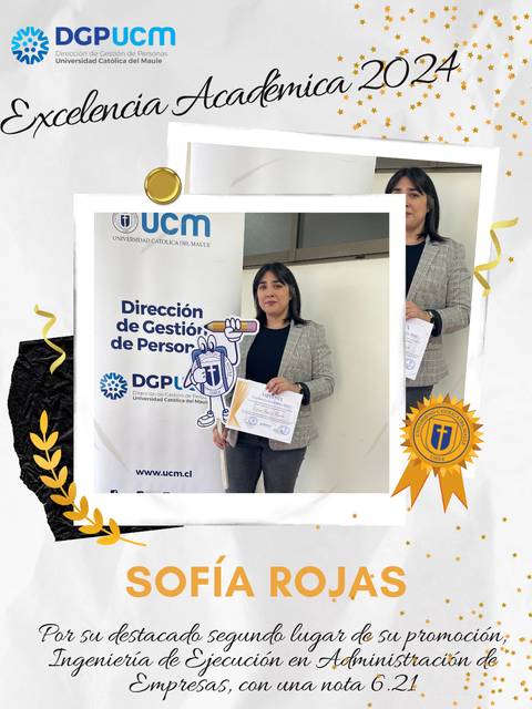 Sofía Rojas recibe un reconocimiento por su excelencia académica en Ingeniería de Ejecución en Administración de Empresas.