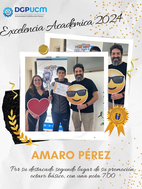 Un grupo de personas celebra el reconocimiento académico de un estudiante llamado Amaro Pérez por su destacada actuación escolar.