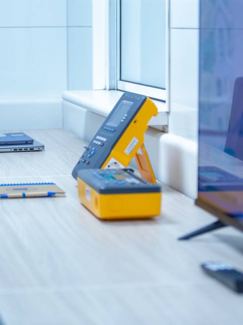 Una oficina moderna con un escritorio ordenado y equipos tecnológicos.