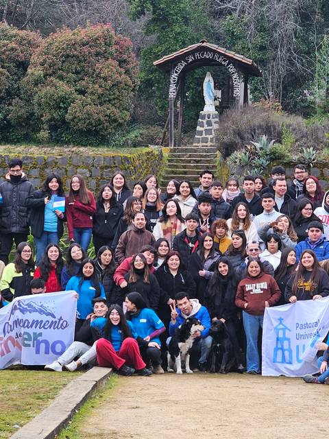 Grupo grande de personas sonrientes reunidas en un parque chileno.