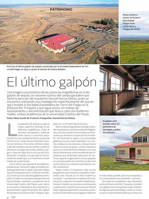 Una vista panorámica del último galpón ubicado en Tierra del Fuego, rodeado de paisajes naturales y con un cielo vasto.