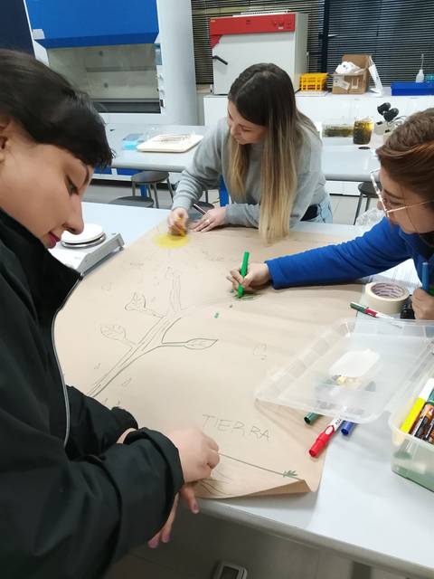 Un grupo de estudiantes trabajando en un proyecto creativo sobre un papel grande.
