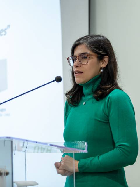 Una mujer habla en un seminario sobre educación y aprendizaje mientras se ve una bandera chilena al fondo.
