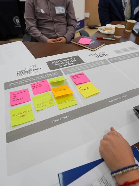 Un grupo de personas trabaja colaborativamente en una mesa con notas adheridas y una laptop.