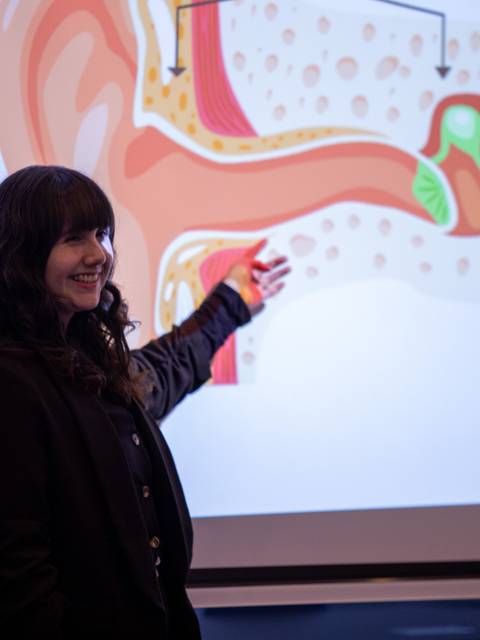 Una persona presenta un gráfico del oído humano en una charla educativa.