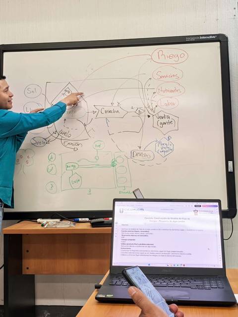 Un cabro está explicando un tema en una pizarra mientras usa un computador.