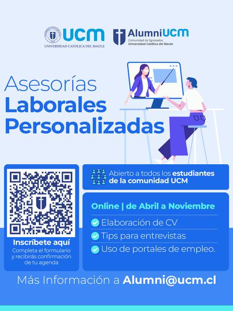 La imagen promociona asesorías laborales personalizadas para estudiantes de la Universidad Católica del Maule.