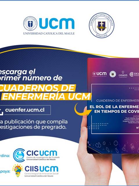 Un anuncio que promueve el primer número de los Cuadernos de Enfermería UCM, destacando su importancia en el rol de la enfermería durante la pandemia de COVID.