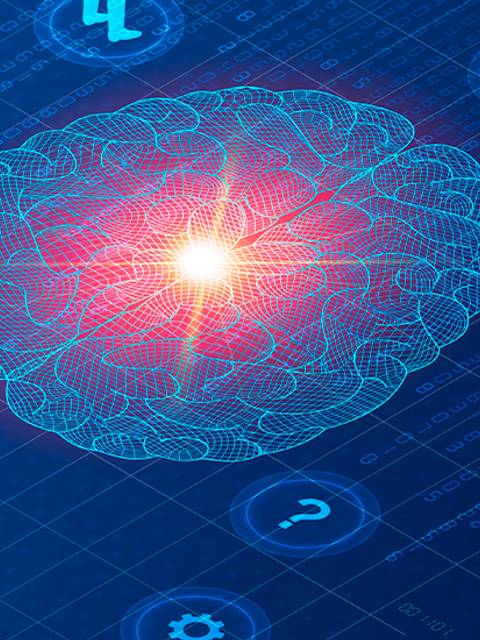La imagen muestra una representación gráfica del cerebro humano con figuras humanas y diversos íconos relacionados con la tecnología y el conocimiento.