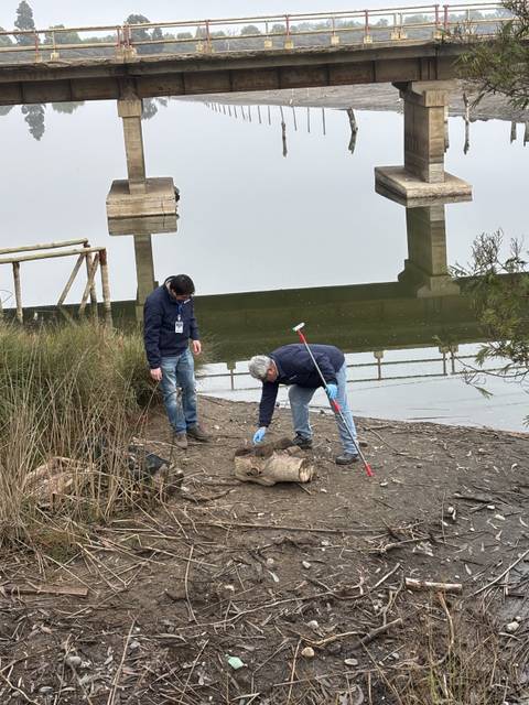 Dos personas están trabajando en la orilla de un río, inspeccionando un tronco en un ambiente natural.