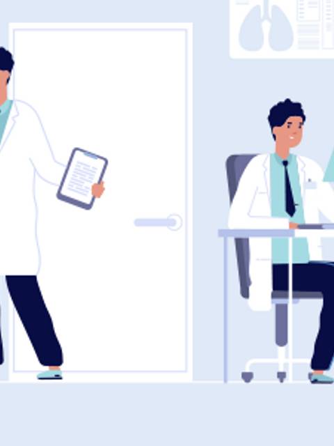 Una escena en un centro de salud donde profesionales están interactuando con pacientes y un niño.