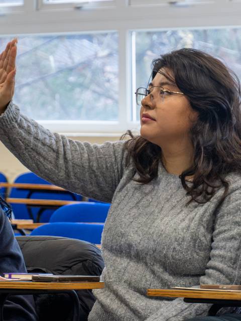 Una estudiante en un aula levantando la mano para participar en clase.
