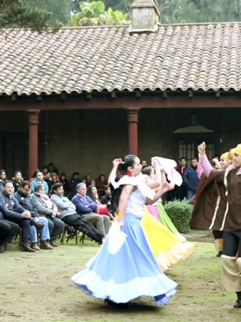 Un grupo de personas bailan vestidas con trajes tradicionales frente a un público sentado en un evento al aire libre.
