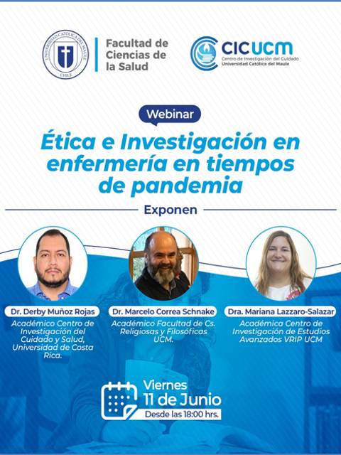 Imagen sobre un webinar titulado 'Ética e Investigación en enfermería en tiempos de pandemia' con tres expositores.