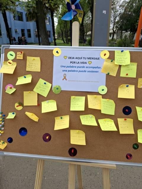 Un mural comunitario invita a dejar mensajes por la vida con post-its de colores.