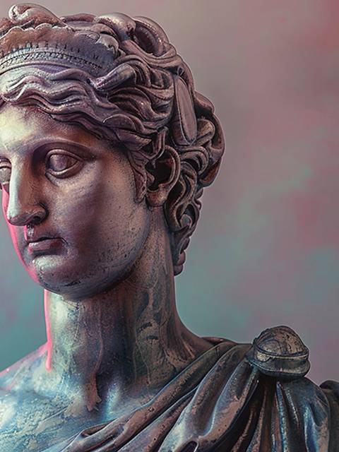 Una escultura clásica con fondo de colores vibrantes.