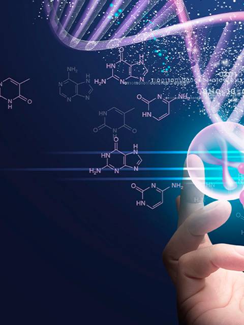 La imagen representa una mano interactuando con un modelo visual de ADN y moléculas en un fondo oscuro.