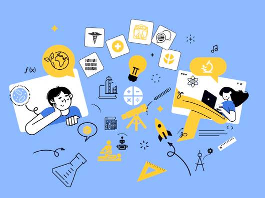 Ilustración colorida que muestra a personas aprendiendo sobre ciencia y tecnología, rodeadas de iconos relacionados.