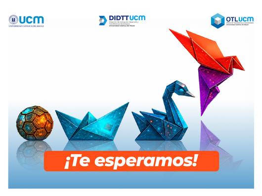 Una colorida ilustración que muestra figuras de origami en diferentes formas y colores, acompañada de un llamado a la acción.
