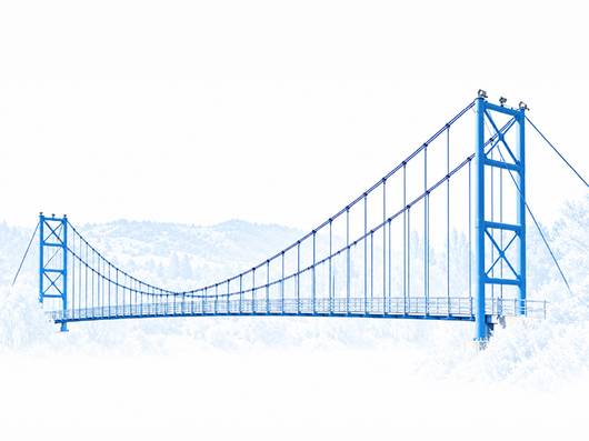 Un puente colgante de color azul se destaca en un paisaje nevado.