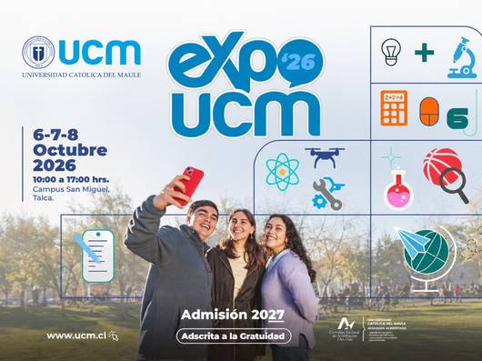 La imagen promociona la Expo UCM 2026, un evento educativo en Talca.