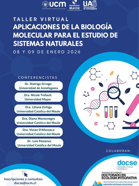 Anuncio de un taller virtual sobre biología molecular en Chile.