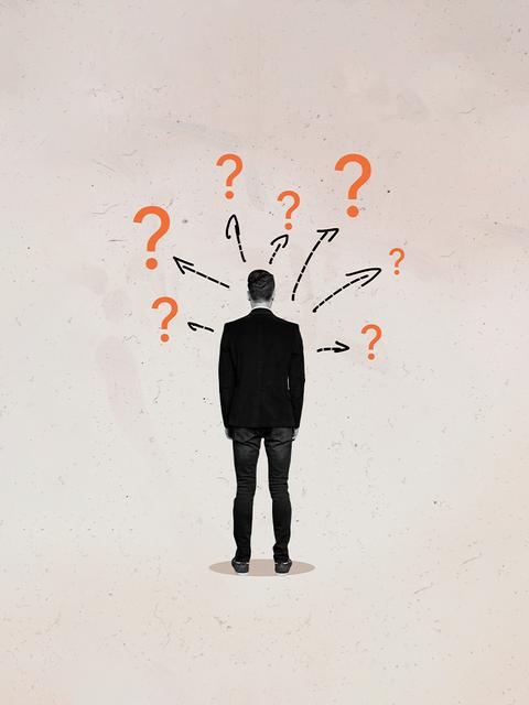 Un hombre se queda pensativo, rodeado de signos de interrogación, simbolizando dudas e incertidumbres en la vida.
