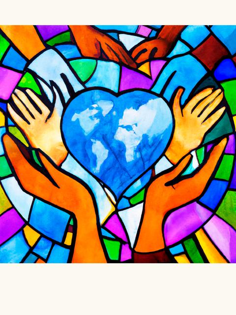 Una hermosa vitral que muestra manos unidas alrededor de un corazón con el mapa del mundo.