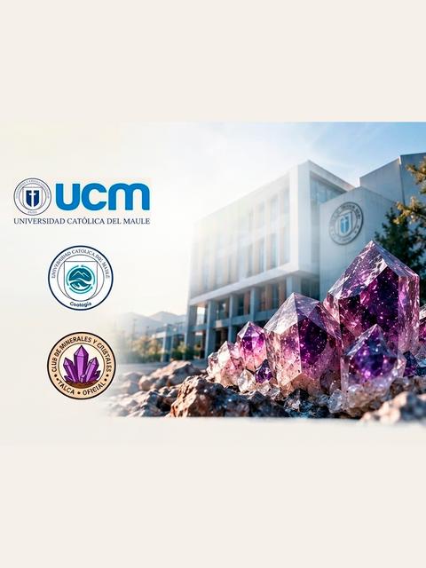 La imagen muestra el logo de la Universidad Católica del Maule con cristales de amatista en primer plano.