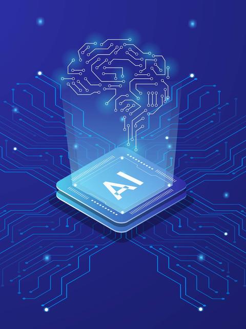 Una representación gráfica de inteligencia artificial con un cerebro digital sobre un fondo azul.