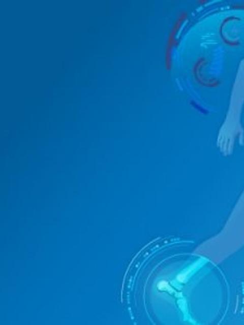 Una figura estilizada corriendo sobre un fondo azul con elementos tecnológicos.