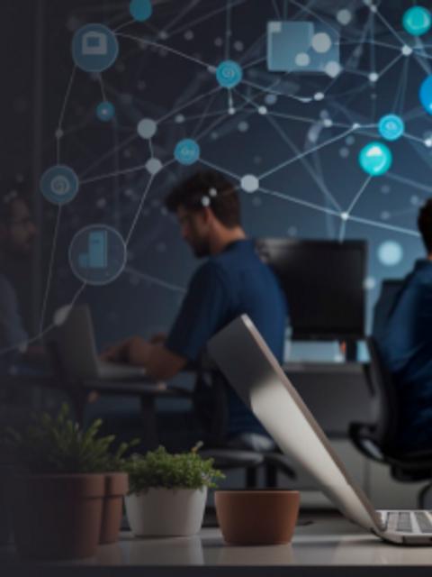 Una mujer utiliza su teléfono mientras trabaja en una computadora en un entorno tecnológico.