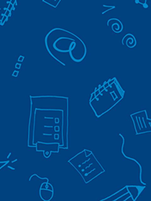 Un fondo azul con dibujos en línea de objetos relacionados con tecnología y oficina.