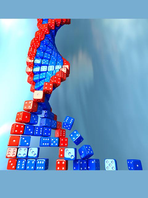 Una pila creativa de dados rojos y azules formando una figura abstracta.