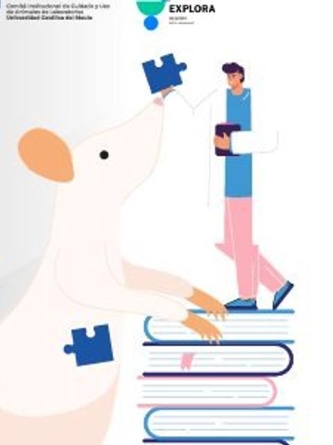 Una ilustración que muestra un zorro y una rana junto a un científico trabajando.