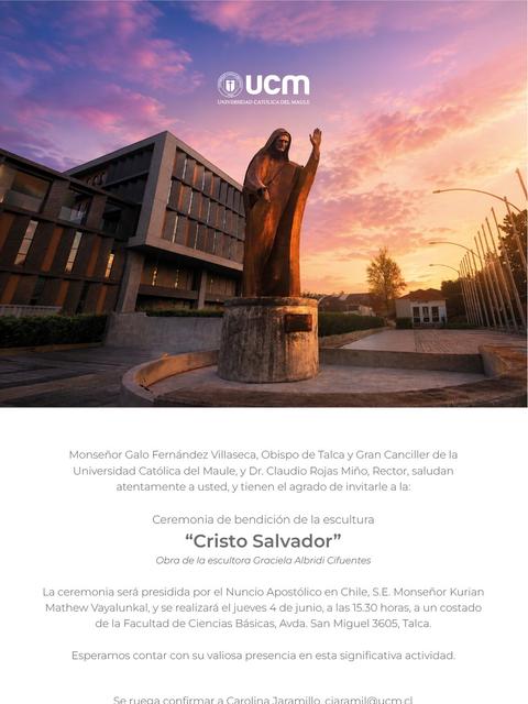 Ceremonia de bendición de la escultura 'Cristo Salvador' en la Universidad Católica del Maule.