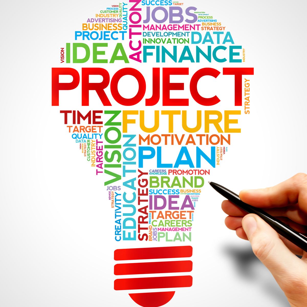 Una ilustración creativa que representa un bombillo lleno de palabras relacionadas con proyectos y estrategias en colores vivos.